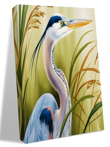 NuYeBiofx Natural Bird Wetland Landscape Canvas Wall Art Prints,40"x28" Framed Picture Artwork Wild Heron Grass Printed Canvas Oil Painting for Living Room Bedroom Office,Ready to Hang