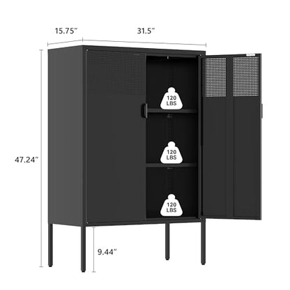 Black Metal Storage Cabinet,2 Door TV Stand, Metal Mesh Accent Cabinet,Magnetic Door Closure,Low Storage Cabinets with Doors and Shelf for Home,Office,Living Room