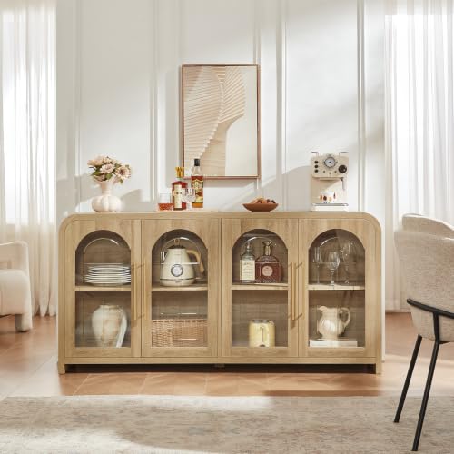 65" Sideboard Buffet Cabinet with Arched Glass Doors, Natural, view 4