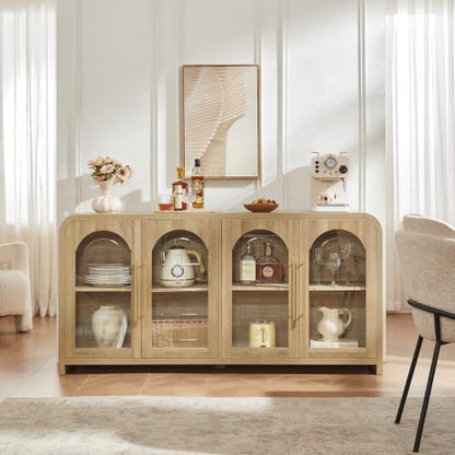 65" Sideboard Buffet Cabinet with Arched Glass Doors, Natural, view 4