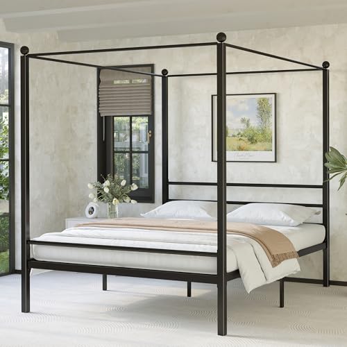 King Size Canopy Bed Frame, Four Poster Metal Frame, Black, view 2