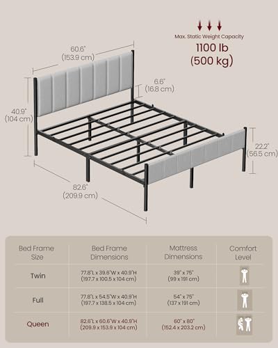 VASAGLE Queen Bed Frame with Upholstered Headboard, Steel, Footboard, view 3