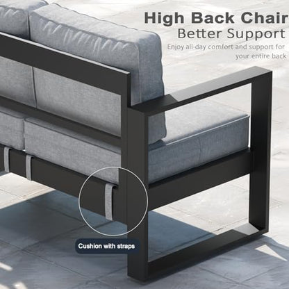 5 Pieces Aluminum Outdoor Patio Furniture Set, Metal Modern Conversation Sofa Set with Fire Pit Table and Washable Thick Cushions for Porch, Backyard, Deck