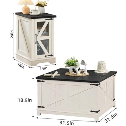 Farmhouse Coffee Table Sets 3 Pieces, Narrow Night Stand with Glass Barn Door Storage, Large Coffee Tables with Hidden Storage Organizer, Wood Furniture Sets for Living Room, Office, White
