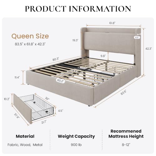 Queen Size Storage Bed Frame with 4 Oversized Drawers, view 4