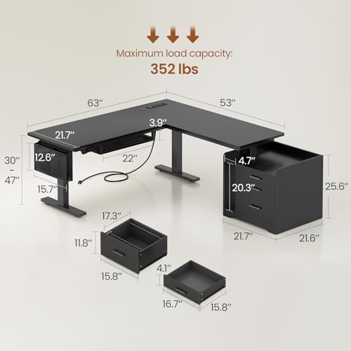 L Shaped Electric Standing Desk with File Cabinet, 63 x 53'' Height Adjustable Home Office Computer Desk with Drawers, Power Outlet, Stand up Gaming Table with Led Lights, Keyboard Tray, Black