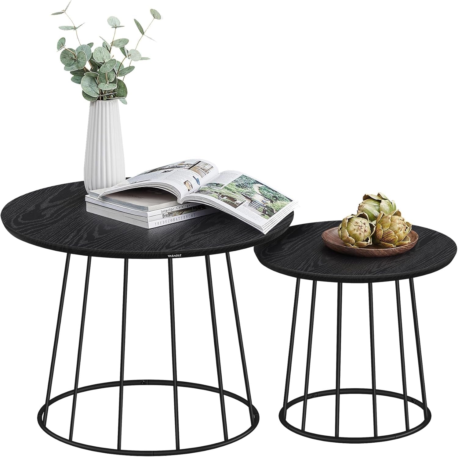 round Coffee Tables, Set of 2, Modern Circle Side Tables with Steel Frame, for Living Room, Bedroom, Ebony Black ULCT045B56