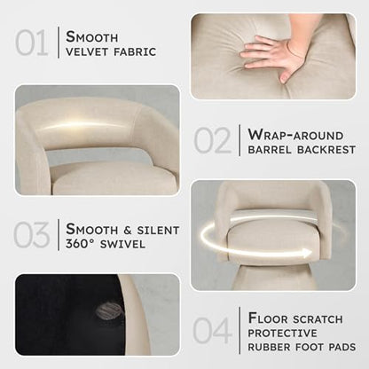 360 Degree Swivel Accent Chair, Modern Comfy Velvet Round Barrel Chair, Open Back, Plush Foam Cushions, Metal Swivel Base for Living Room/Bedroom/Office/Small Spaces, Taupe