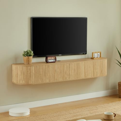 71" Oak Fluted Floating TV Stand for TVs up to 80" for Living Room, view 6