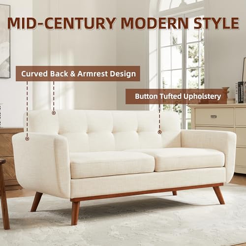 65.2" W Loveseat Sofa, Mid Century Modern Decor Love Seat Couches for Living Room, Button Tufted Upholstered Furniture, Easy to Install Small Couch for Bedroom Office Apartment, Cream White
