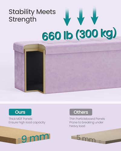 SONGMICS Mazie Collection - Storage Ottoman Bench, Foldable Foot Rest, 15 x 43 x 15 Inches, End of Bed Bench, Storage Chest, Load 660 lb, Living Room, Bedroom, Entryway, Light Lilac ULSF277P01