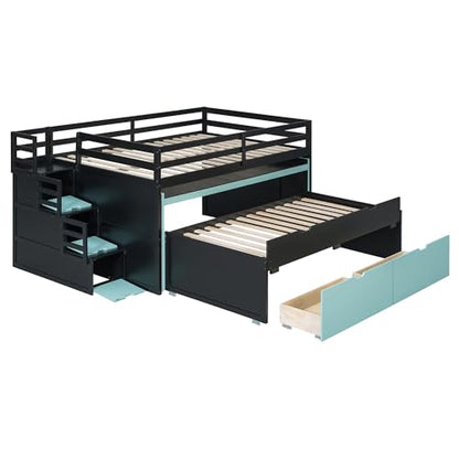 Full XL Loft Bed with Pull-Out Desk and Twin Trundle, 2 Storage Drawers and Storage Steps, Space-Saving Gaming & Workstation Bed Frame with Safety Guardrails for Kids Teens (Black+Blue/Full XL,80)