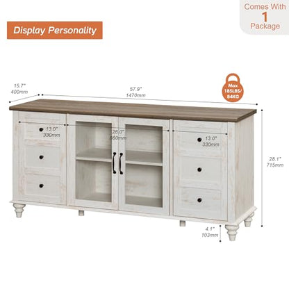 TV Stand for 65 Inch TV, TV Cabinet with Glass Door, Antique White, view 3