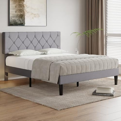 Full Bed Frame with Upholstered Tufted Headboard, Grey, view 4