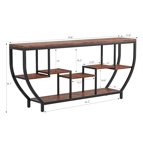70.86" Extra Long Console Table Sofa Table & Storage Shelves Entryway Table Industrial TV Stand, Metal Frame Behind Couch Table for Foyer, Hallway, Entrance (Brown)