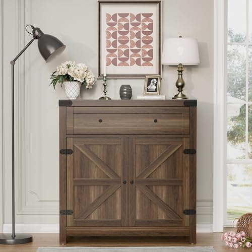 Coffee Bar Cabinet with Storage,Sideboard Buffet Cabinet with 1 Drawer and 2 Barn Doors,Kitchen Storage Cabinet for Kitchen, Living Room, Entryway (Brown)