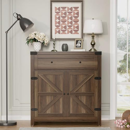 Coffee Bar Cabinet with Storage,Sideboard Buffet Cabinet with 1 Drawer and 2 Barn Doors,Kitchen Storage Cabinet for Kitchen, Living Room, Entryway (Brown)