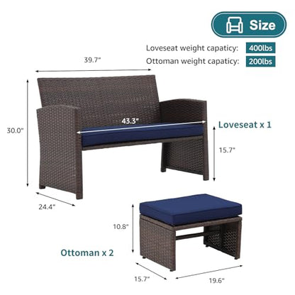 Outdoor Loveseat 3 Piece Patio Furniture Set Outdoor Conversation Set All-Weather Wicker Love Seat with Ottoman/Side Table, Brown Rattan, Blue