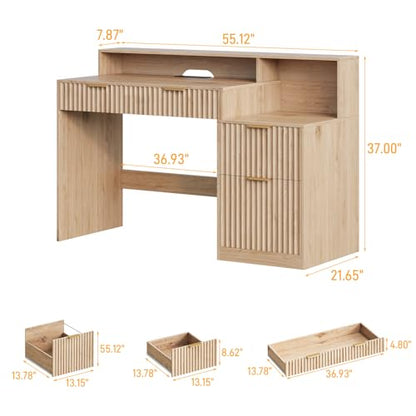 Fluted Computer Desk with Power Outlets, Home Office Desk with Drawers, view 3