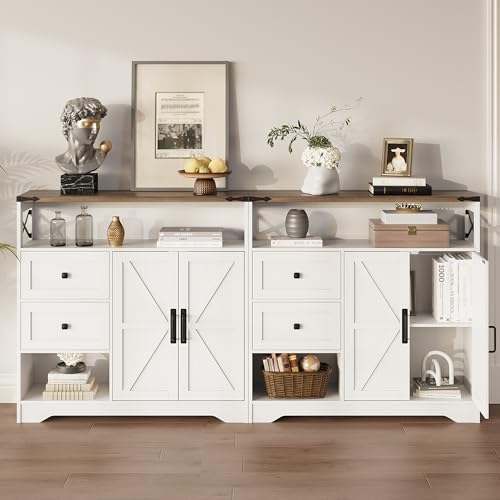 Farmhouse Storage Cabinet with Drawers and Open Storage,Freestanding Kitchen Pantry with 2 Barn Doors, Floor Cabinet with Adjustable Shelf for Living Room,White