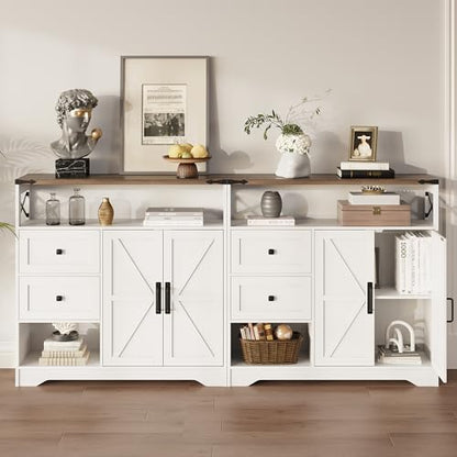 Farmhouse Storage Cabinet with Drawers and Open Storage,Freestanding Kitchen Pantry with 2 Barn Doors, Floor Cabinet with Adjustable Shelf for Living Room,White