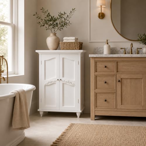 Versailles Wooden Freestanding Floor Storage Cabinet with 2 Adjustable Interior Shelves 3 Storage Spaces and 2 Floral Scroll Doors, White