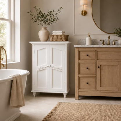 Versailles Wooden Freestanding Floor Storage Cabinet with 2 Adjustable Interior Shelves 3 Storage Spaces and 2 Floral Scroll Doors, White