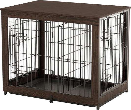 Wooden Dog Crate Furniture with Divider Panel, Dog Crate End Table with Fixable Slide Tray, Dog Kennel Furniture, Dog Kennel Indoor for Medium Dogs(M:31.8" L*22.1" W*26.3" H,Brown Walnut)