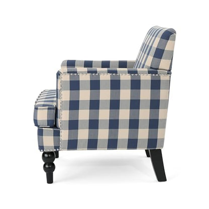 Eve Modern Upholstered Club Chair, Wooden Living Room Accent Chair, Comfy Bedroom Reading Chair, Multifunctional Armchair, Blue Checkerboard