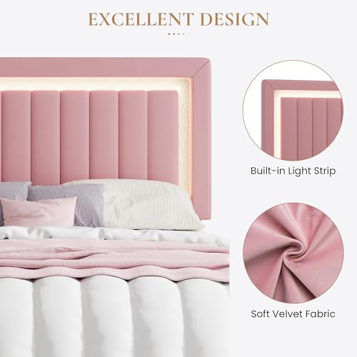 Queen Size Velvet Bed Frame with LED Light, Pink, view 6