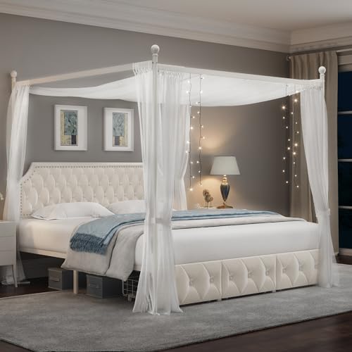 King Upholstered Canopy Bed Frame with 3 Storage Drawers & Button Tufted, view 3