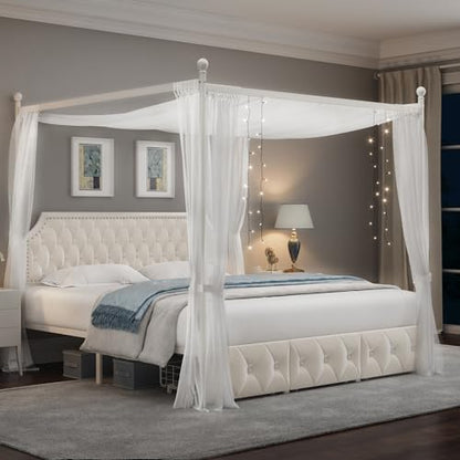 King Upholstered Canopy Bed Frame with 3 Storage Drawers & Button Tufted, view 3