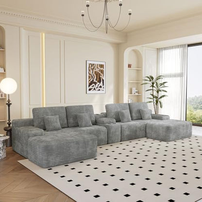 150" U-Shaped Oversized Corduroy Modular Sectional Sofa with 2 Ottomans and Multi Functional Console, 6-Seater Upholstered Couch with USB and 2 Cup Holder, Easy Assembly, for Living Room, Grey