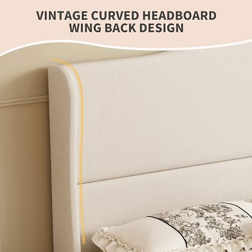 Wingback Upholstered Platform Bed with 50.6 Inch Tall Headboard, Beige, view 4