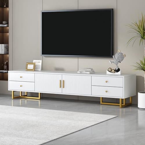 Modern TV Stand with Drawers for TVs up to 75'', Media Console Storage Cabinet Entertainment Center Furniture for Living Room Bedroom, Gold Metal Legs, 70.9-Inch, White