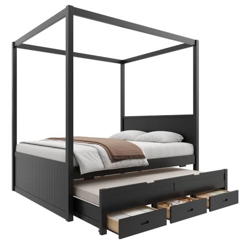 Queen Canopy Platform Bed with Twin Trundle & Storage Drawers, Black, view 6