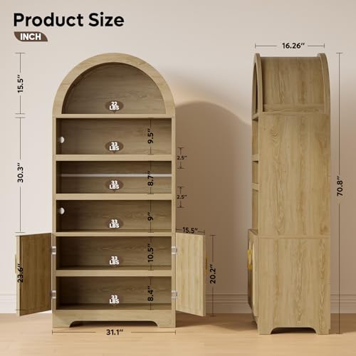 71" Tall Arched Kitchen Pantry, Arched Cabinet with Doors, Modern Farmhouse Wood Kitchen Storage Cabinets with 3-Tier Adjustable Shelves, Cupboard for Living Room, Dining Room, Kitchen, Oak