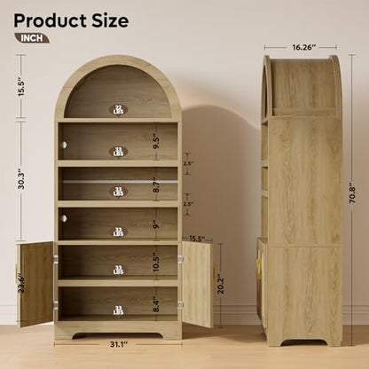 71" Tall Arched Kitchen Pantry, Arched Cabinet with Doors, Modern Farmhouse Wood Kitchen Storage Cabinets with 3-Tier Adjustable Shelves, Cupboard for Living Room, Dining Room, Kitchen, Oak