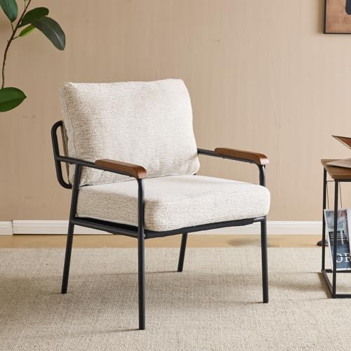 Mid-Century Modern Accent Armchiar for Small Space, Small Comfy Upholstered Leisure Reading Chair with Wood Armrest for Bedroom, Living Room, Waiting Room, Linen Beige