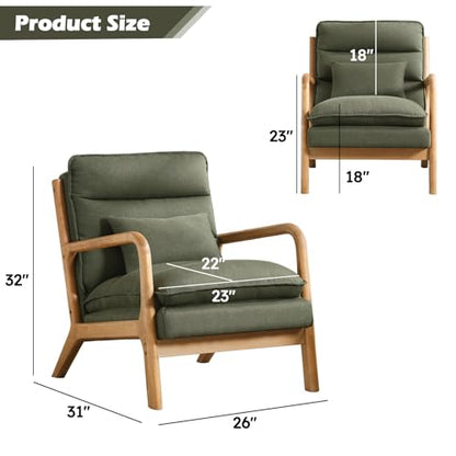 Mid Century Modern Accent Chair, Upholstered Lounge Armchair with Plump Back Pillow, Comfy Reading Chair with Solid Wood Frame for Bedroom Living Room, Green