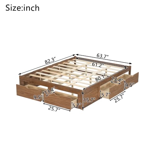 JIVOIT Queen Size Solid Wood Storage Platform Bed with 6 Drawers, Pine Wood Bed (Light Walnut-Queen,7)