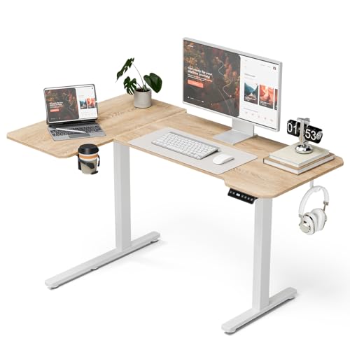 L Shaped Electric Standing Desk - 51x31.5 Inch Reversible Corner Sit Stand Desk with Hook&Cup Holder,Electric Height Adjustable Table,for Small Home Office&Bedroom Computer Desk, Oak
