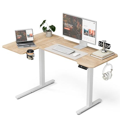 L Shaped Electric Standing Desk - 51x31.5 Inch Reversible Corner Sit Stand Desk with Hook&Cup Holder,Electric Height Adjustable Table,for Small Home Office&Bedroom Computer Desk, Oak
