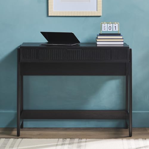 Transitional Style Furniture, Reeded Detail, Lift-Top Desk with Drawer and Storage Cubby, Sitting to Standing Desk, Soft Self-Close Desktop, 38 Inch, Black