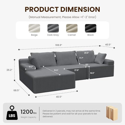 108" Boneless Sectional Couch,Corduroy Cloud Couch Sectional for Living Room,Modern L Shaped Modular Sectional Couch,3 Seater Sofa (Dark Gray, 108.9" L Shaped with Left Facing Chaise)