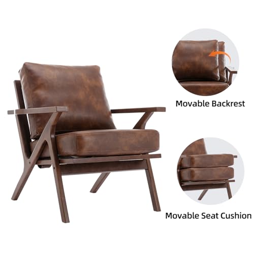 Mid-Century Modern Accent Chair with Wood Frame, PU Leather Living Room Chair and Soft Thick Padded Armchair for Living Room Bedroom Reception with Removable Upholstered Cushions, Reddish Brown