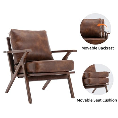 Mid-Century Modern Accent Chair with Wood Frame, PU Leather Living Room Chair and Soft Thick Padded Armchair for Living Room Bedroom Reception with Removable Upholstered Cushions, Reddish Brown