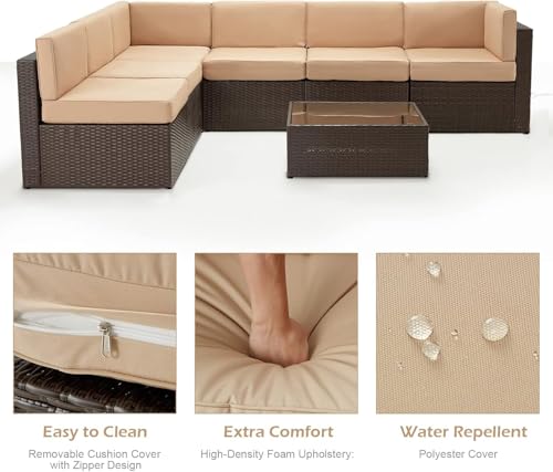 7 Piece Outdoor Patio Furniture Set, PE Rattan Wicker Sofa Set, Outdoor Sectional Furniture Chair Set with Cushions and Tea Table, Brown