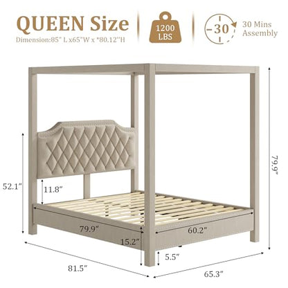 Upholstered Canopy Bed Queen Size with Button Tufted headboard, view 3