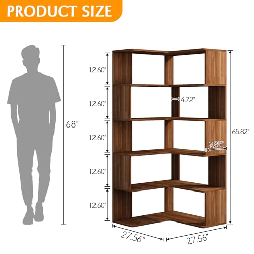 IOTXY 6-Tier L-Shaped Corner Bookshelf, 66-Inch Tall Bookcase, Walnut, view 3